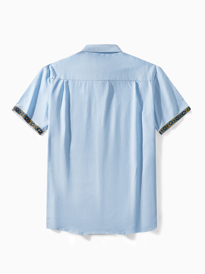 Side view of Men Geometric Summer Vacation Natural Micro-Elasticity Loose Short Sleeve H-Line Shirt Collar Aloha Shirts