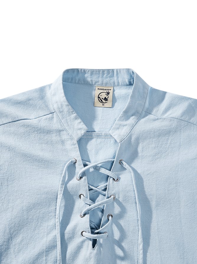 Side view of Men Casual Plain Summer Natural Breathable Cotton H-Line Regular Shirt Collar Aloha Shirts