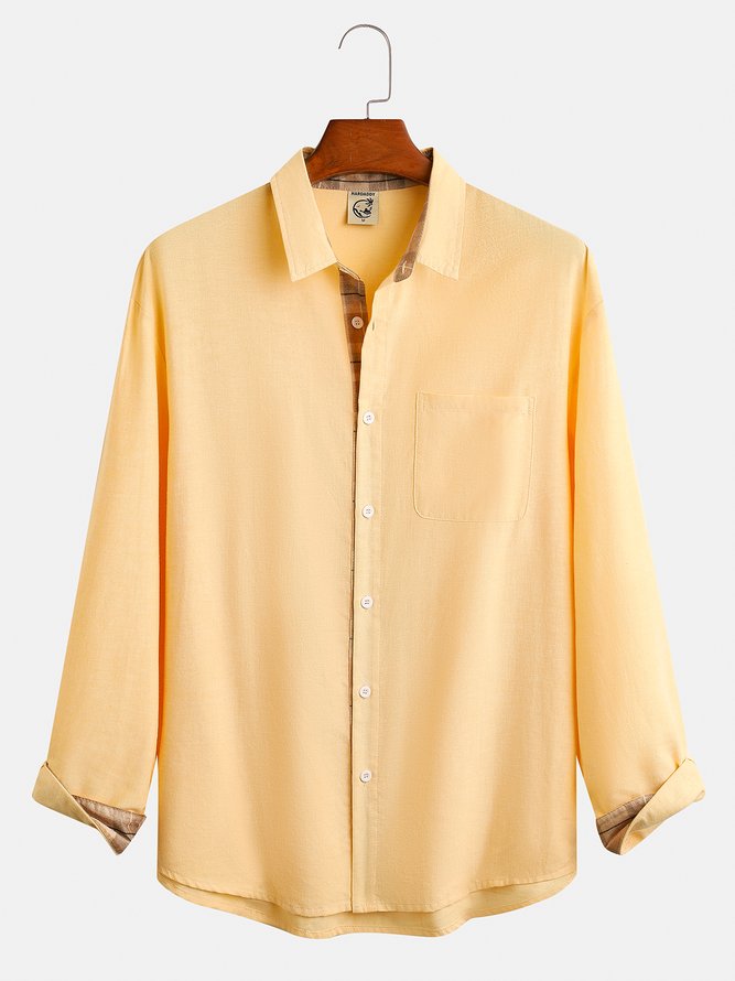 Side view of Men Plaid Casual Spring/Fall Cotton Natural Loose Commuting Regular Shirt Collar Aloha Shirts