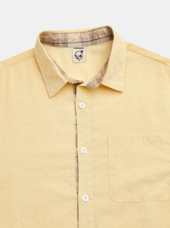 Side view of Men Plaid Casual Spring/Fall Cotton Natural Loose Commuting Regular Shirt Collar Aloha Shirts