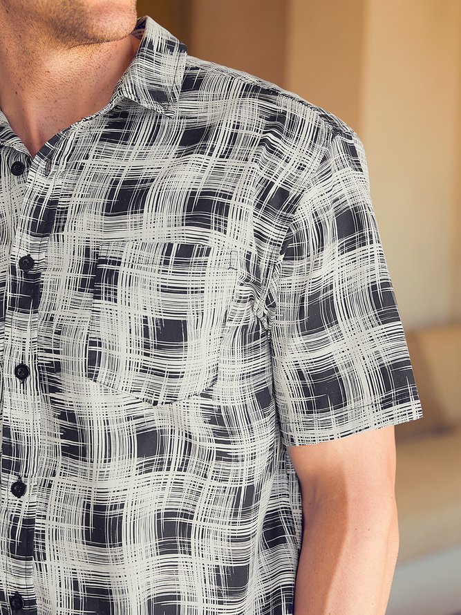 Side view of Men Casual Summer Plaid No Elasticity Short Sleeve Cotton Regular H-Line Shirt Collar Aloha Shirts