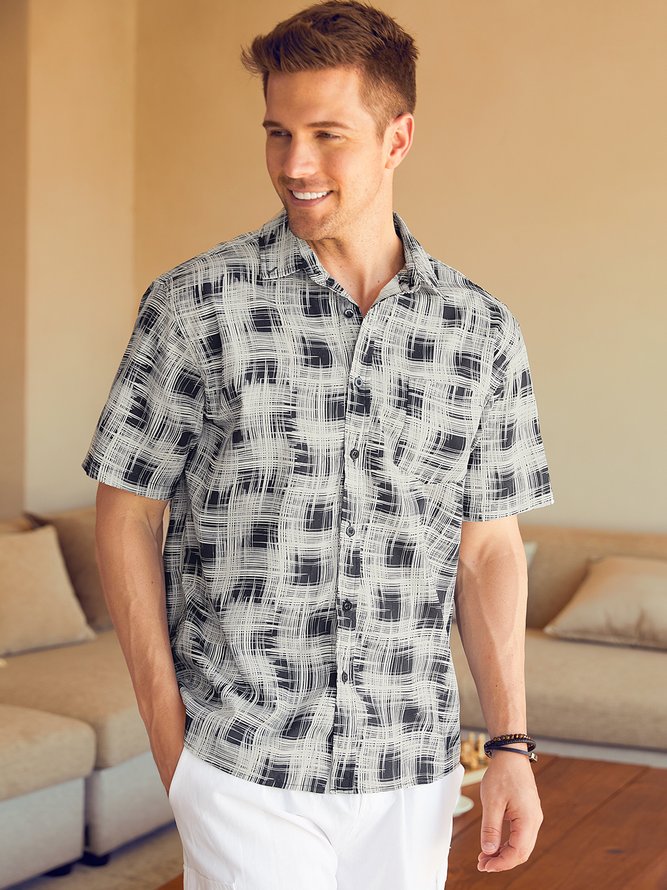 Side view of Men Casual Summer Plaid No Elasticity Short Sleeve Cotton Regular H-Line Shirt Collar Aloha Shirts