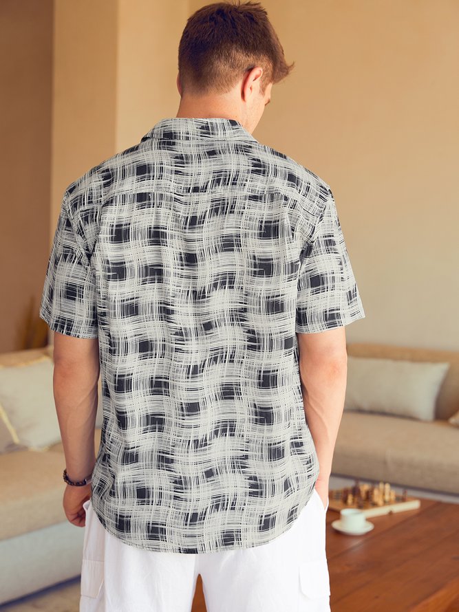Side view of Men Casual Summer Plaid No Elasticity Short Sleeve Cotton Regular H-Line Shirt Collar Aloha Shirts