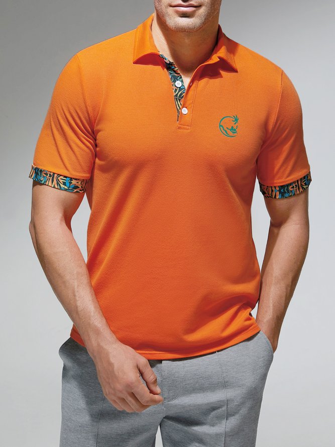 Side view of Men Summer Turtle Hawaii Embroidery Regular Fit Buttons Shawl Collar Regular H-Line Casual Polo