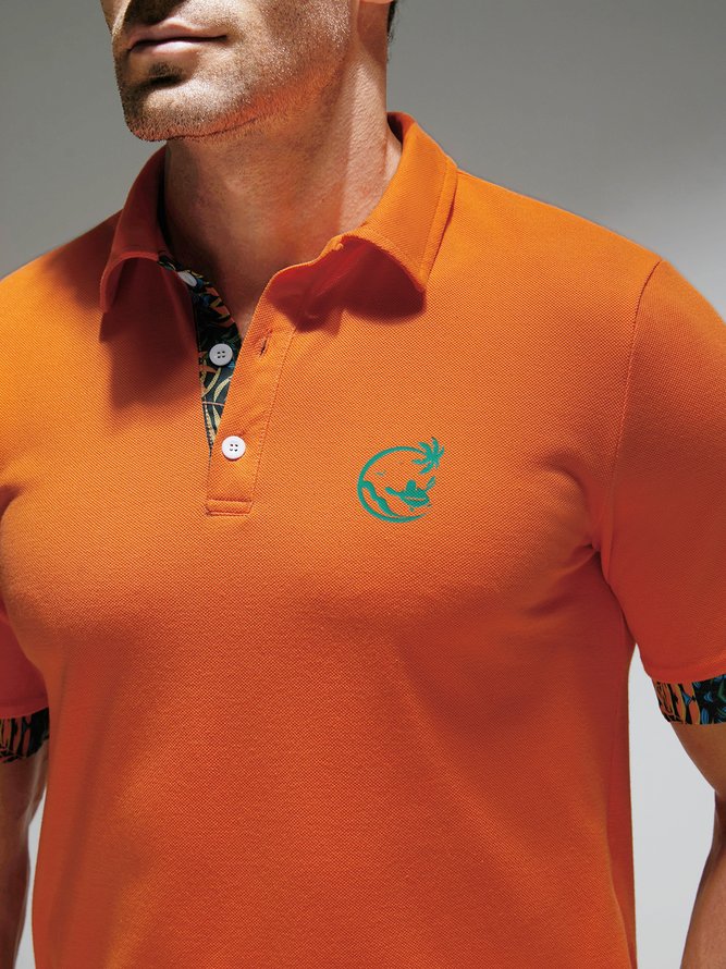 Side view of Men Summer Turtle Hawaii Embroidery Regular Fit Buttons Shawl Collar Regular H-Line Casual Polo