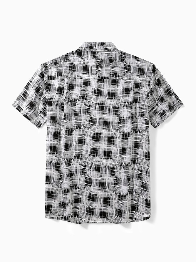 Side view of Men Casual Summer Plaid No Elasticity Short Sleeve Cotton Regular H-Line Shirt Collar Aloha Shirts