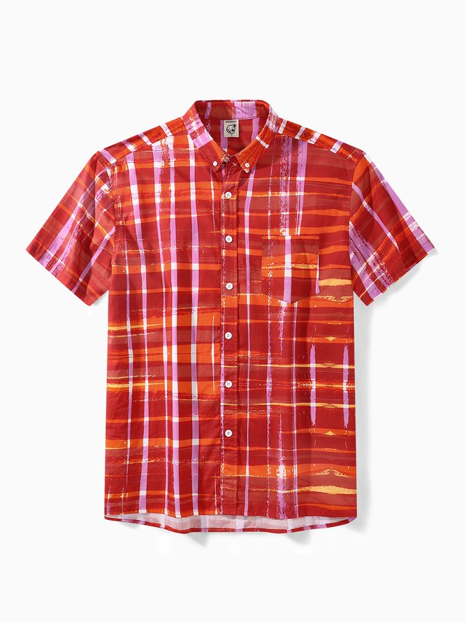 Men Casual Summer Plaid Lightweight No Elasticity Short Sleeve Regular H-Line Shirt Collar Aloha Shirts-image-16627988