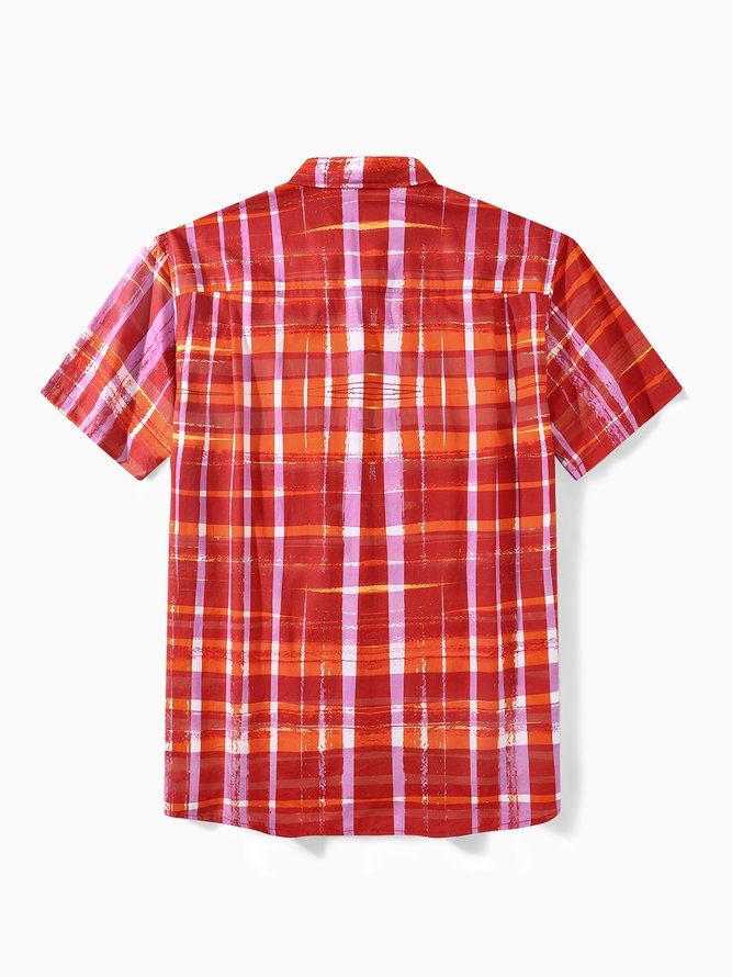 Side view of Men Casual Summer Plaid Lightweight No Elasticity Short Sleeve Regular H-Line Shirt Collar Aloha Shirts