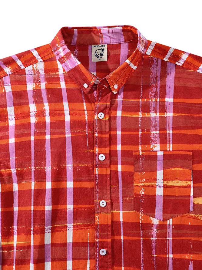 Side view of Men Casual Summer Plaid Lightweight No Elasticity Short Sleeve Regular H-Line Shirt Collar Aloha Shirts
