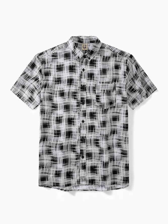 Side view of Men Casual Summer Plaid No Elasticity Short Sleeve Cotton Regular H-Line Shirt Collar Aloha Shirts