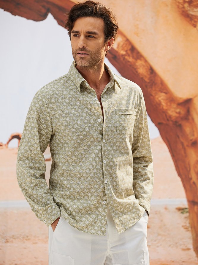 Side view of Men Casual Spring/Fall Coconut Tree Commuting Long Sleeve Regular H-Line Regular Shirt Collar Aloha Shirts