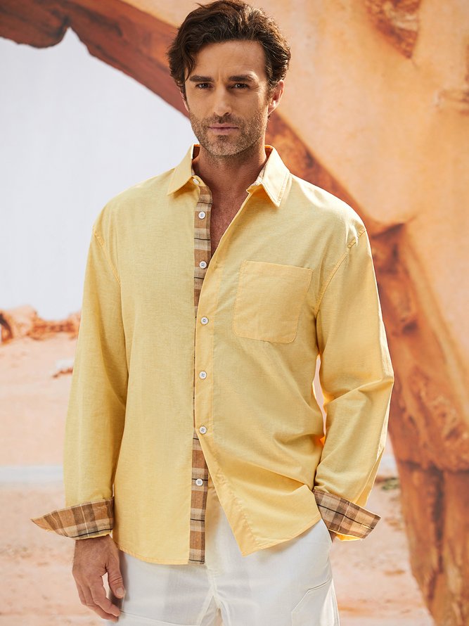Side view of Men Plaid Casual Spring/Fall Cotton Natural Loose Commuting Regular Shirt Collar Aloha Shirts