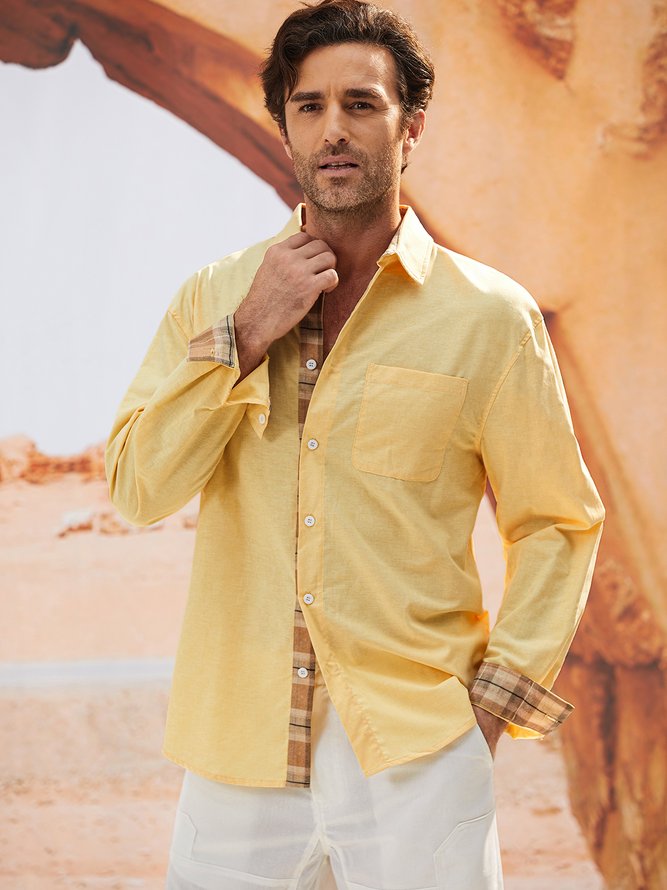 Side view of Men Plaid Casual Spring/Fall Cotton Natural Loose Commuting Regular Shirt Collar Aloha Shirts