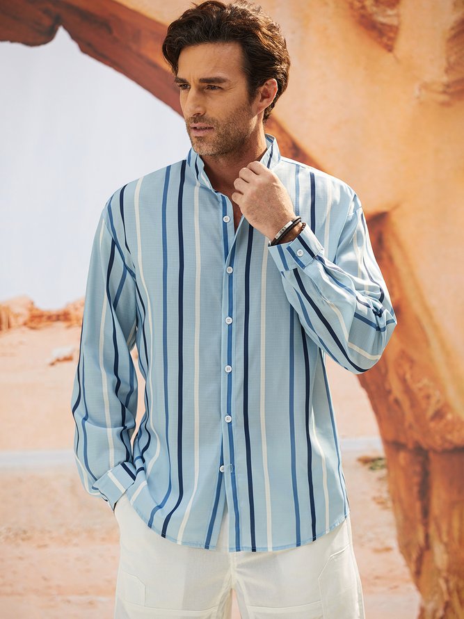 Side view of Men Striped Casual Spring/Fall Natural No Elasticity Commuting Long Sleeve H-Line Regular Aloha Shirts
