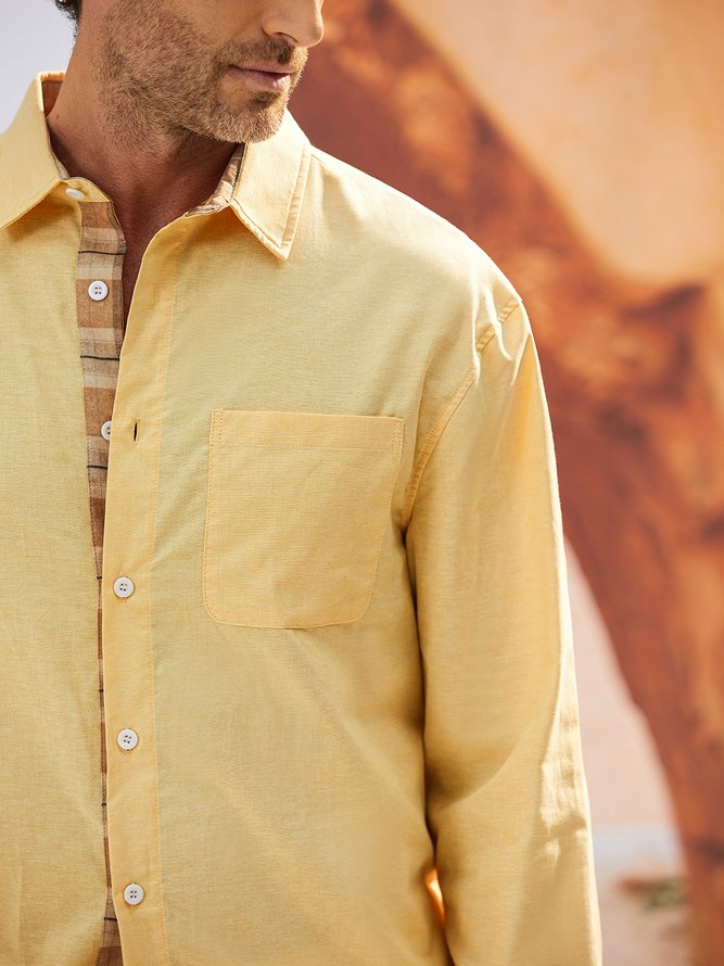 Side view of Men Plaid Casual Spring/Fall Cotton Natural Loose Commuting Regular Shirt Collar Aloha Shirts