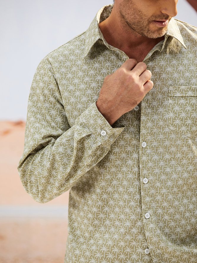 Side view of Men Casual Spring/Fall Coconut Tree Commuting Long Sleeve Regular H-Line Regular Shirt Collar Aloha Shirts