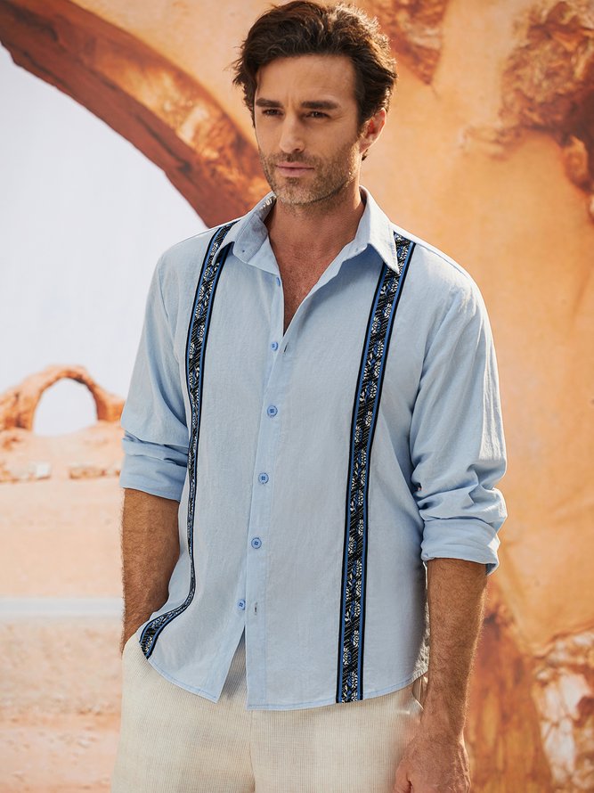 Men Plain Casual Spring/Fall Natural No Elasticity Loose Commuting Cotton Regular Guayabera Shirts-image-16621014