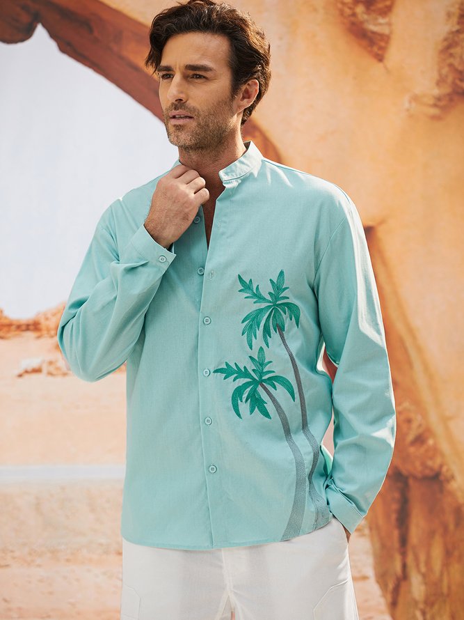 Men Spring/Fall Coconut Tree Vacation Stand Collar No Elasticity Moisture Permeability Long Sleeve Regular Regular Aloha Shirts-image-16090496