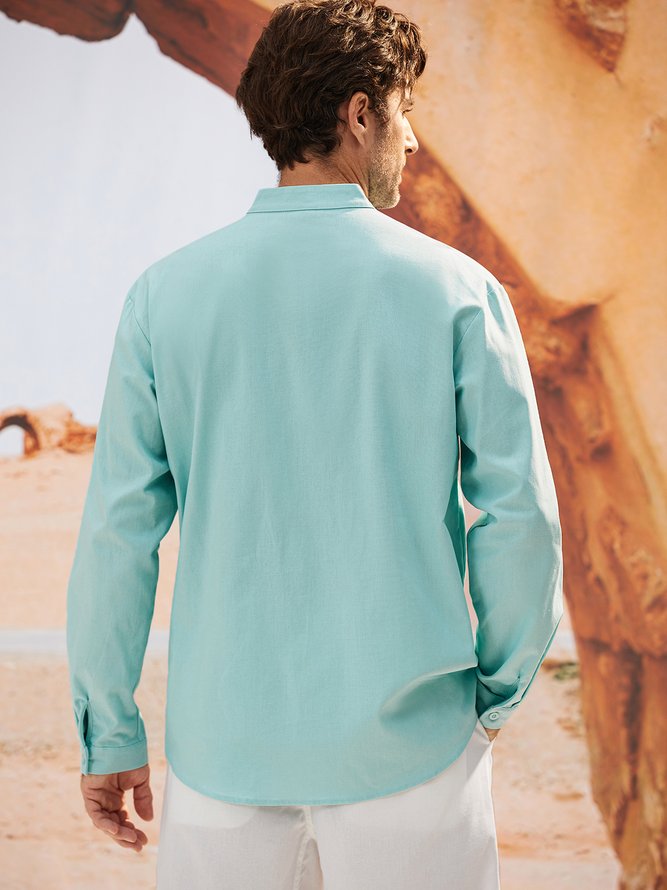 Side view of Men Spring/Fall Coconut Tree Vacation Stand Collar No Elasticity Moisture Permeability Long Sleeve Regular Regular Aloha Shirts