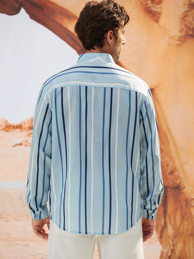 Side view of Men Striped Casual Spring/Fall Natural No Elasticity Commuting Long Sleeve H-Line Regular Aloha Shirts