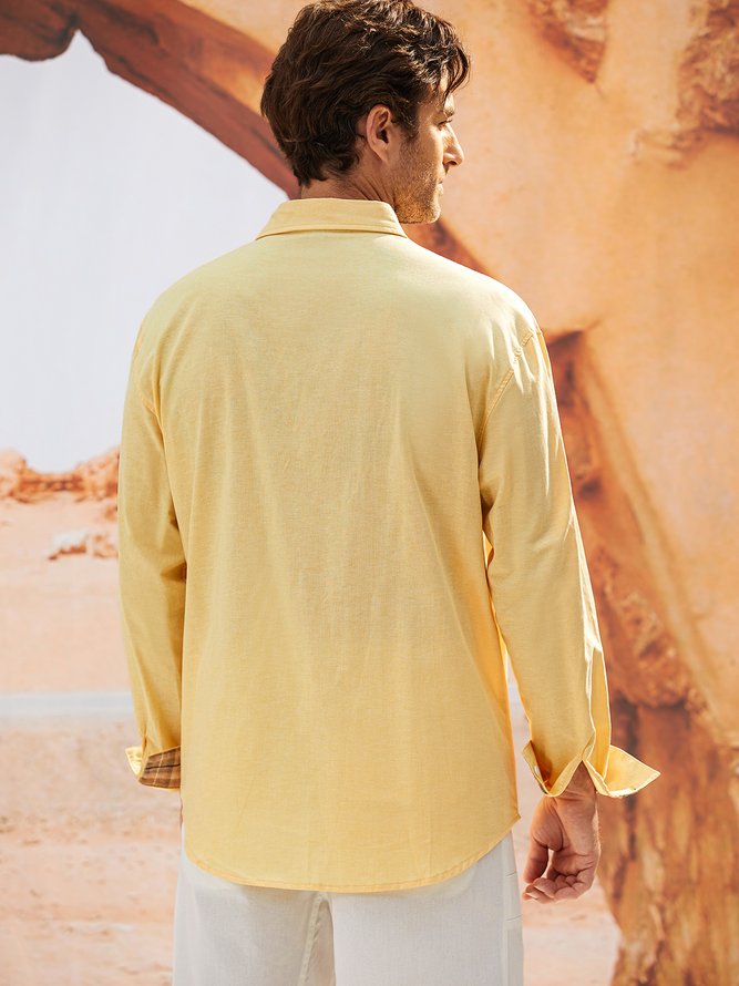 Side view of Men Plaid Casual Spring/Fall Cotton Natural Loose Commuting Regular Shirt Collar Aloha Shirts