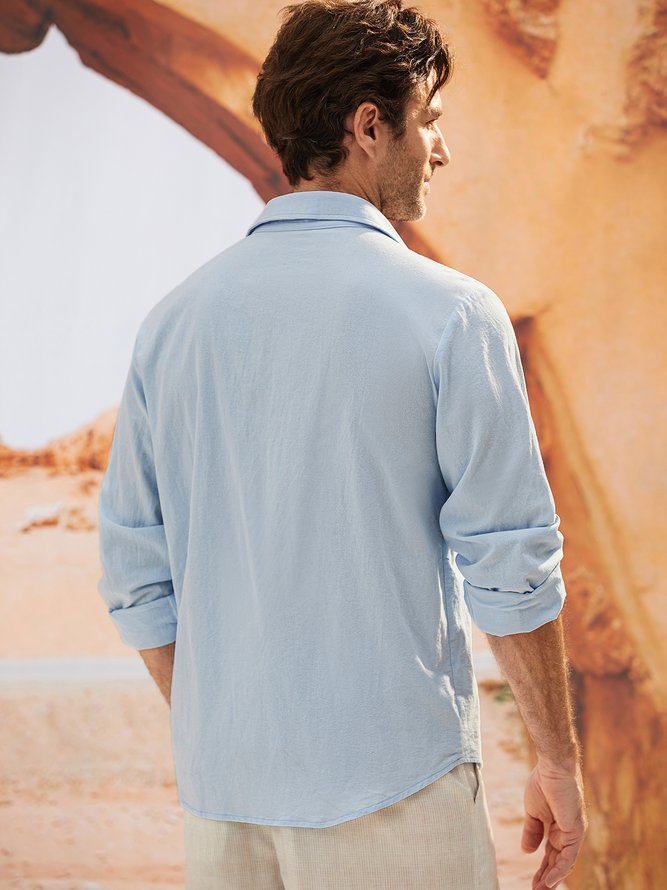 Side view of Men Plain Casual Spring/Fall Natural No Elasticity Loose Commuting Cotton Regular Guayabera Shirts