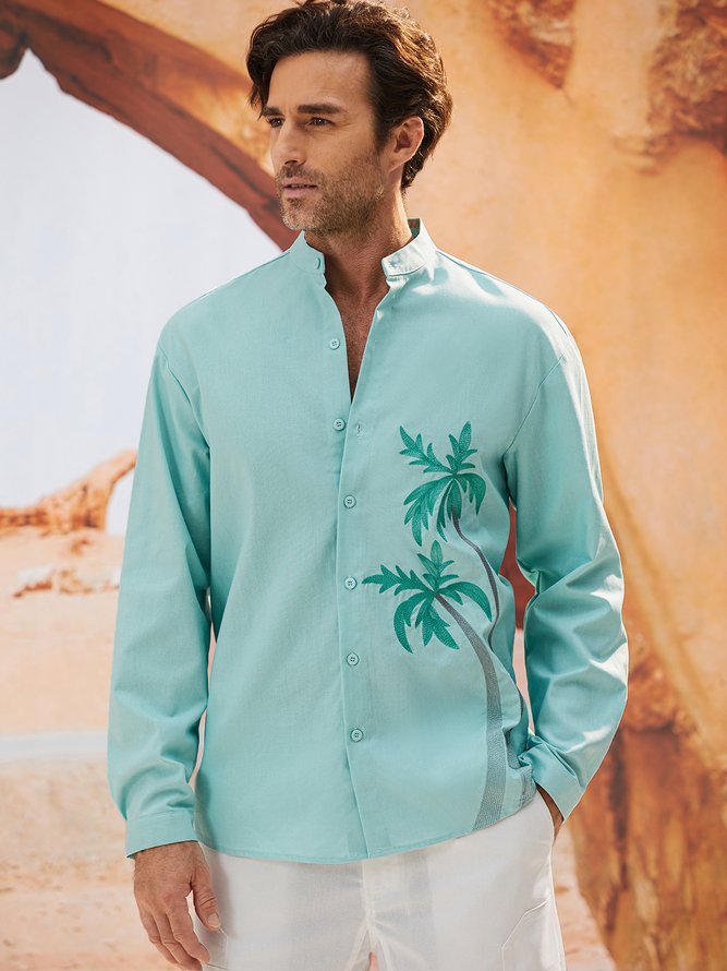 Side view of Men Spring/Fall Coconut Tree Vacation Stand Collar No Elasticity Moisture Permeability Long Sleeve Regular Regular Aloha Shirts