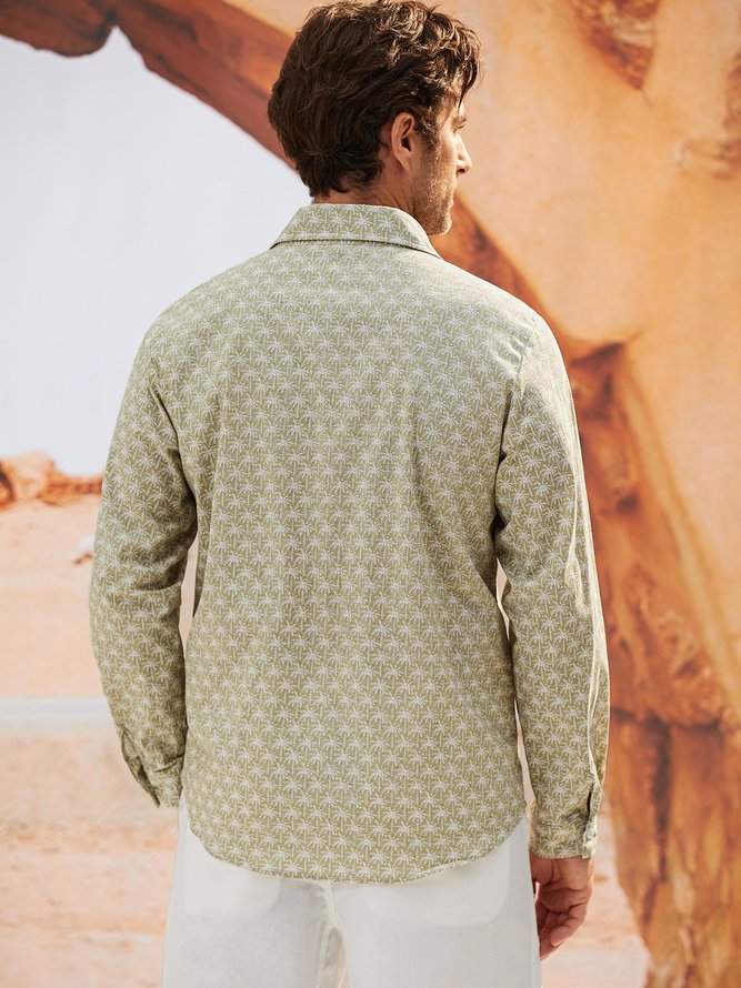 Side view of Men Casual Spring/Fall Coconut Tree Commuting Long Sleeve Regular H-Line Regular Shirt Collar Aloha Shirts