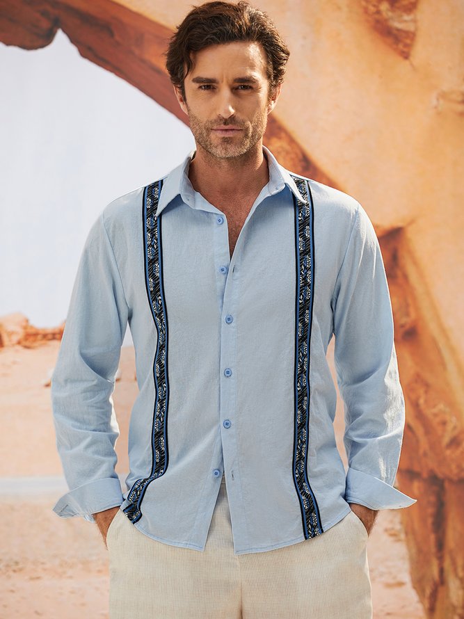 Side view of Men Plain Casual Spring/Fall Natural No Elasticity Loose Commuting Cotton Regular Guayabera Shirts