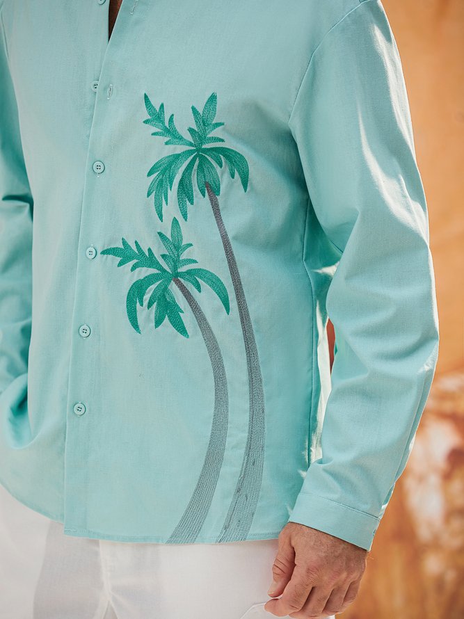 Side view of Men Spring/Fall Coconut Tree Vacation Stand Collar No Elasticity Moisture Permeability Long Sleeve Regular Regular Aloha Shirts