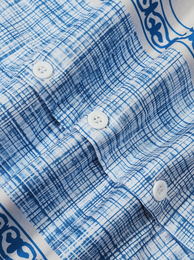 Side view of Geometric Casual Summer Household Loose Short Sleeve Cotton H-Line Shirt Collar Bowling Shirts for Men