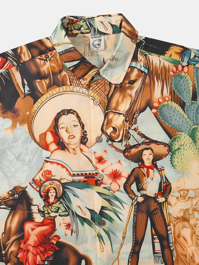 Side view of Casual Summer USA/US/American Natural No Elasticity Breathable Commuting H-Line Regular Aloha Shirts for Men