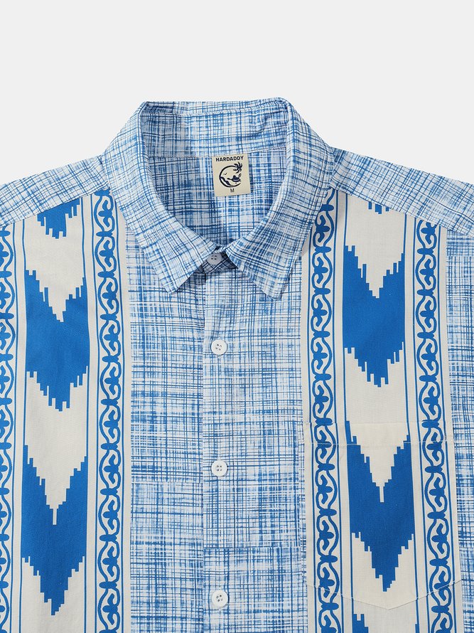 Side view of Geometric Casual Summer Household Loose Short Sleeve Cotton H-Line Shirt Collar Bowling Shirts for Men