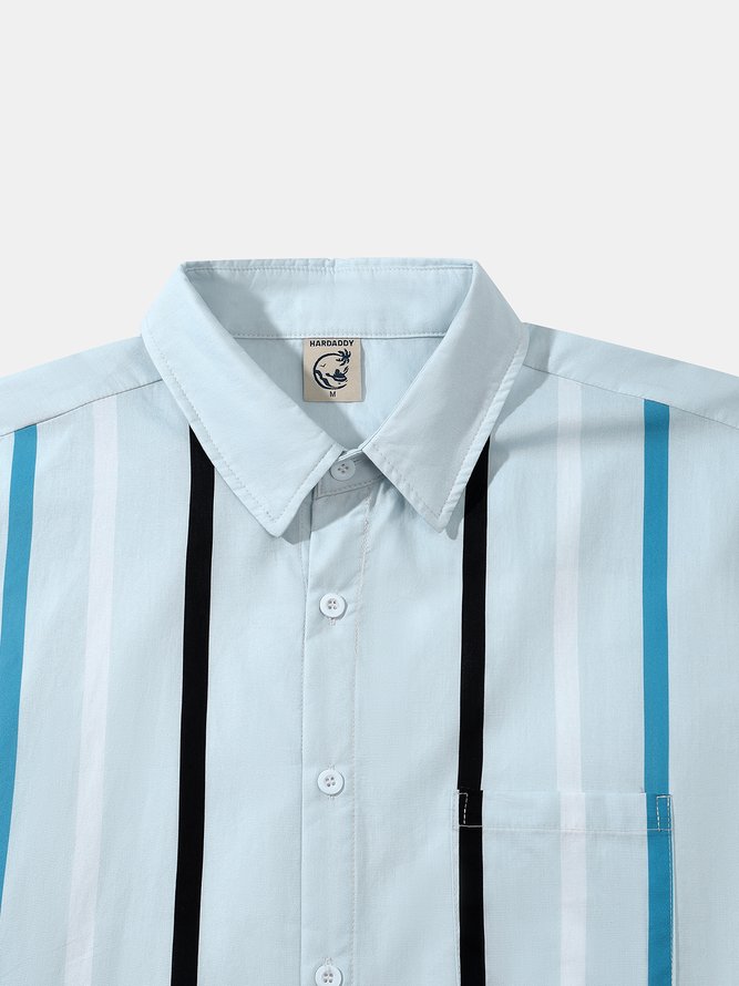 Side view of Men Striped Summer Vacation No Elasticity Short Sleeve Cotton Regular H-Line Shirt Collar Bowling Shirts