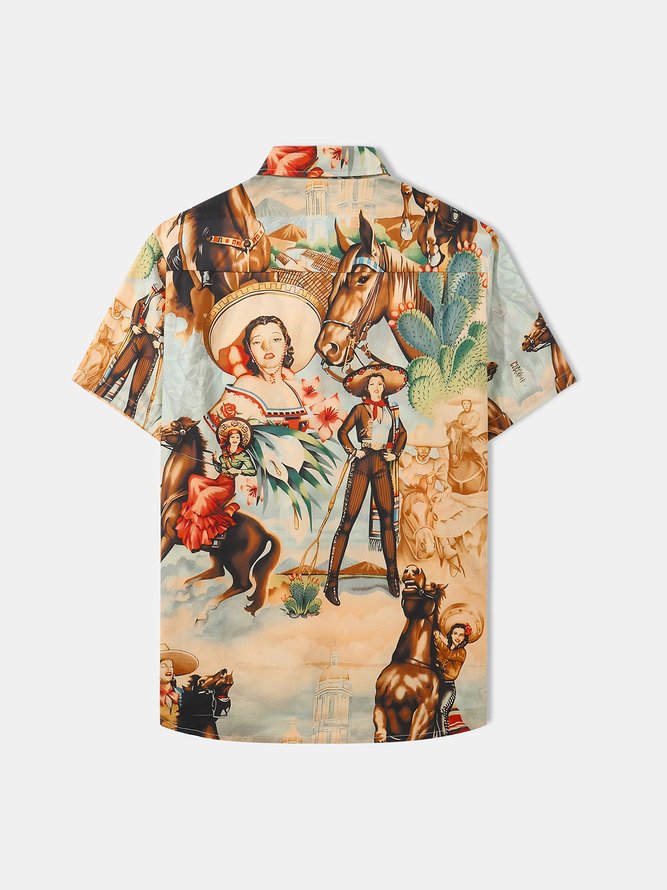Side view of Casual Summer USA/US/American Natural No Elasticity Breathable Commuting H-Line Regular Aloha Shirts for Men