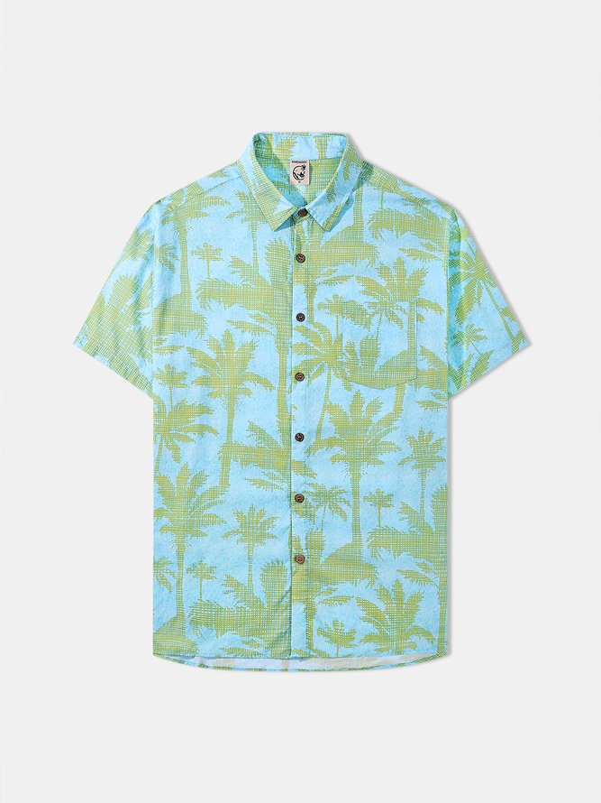 Side view of Men Summer Coconut Tree Vacation Commuting Loose Cotton Regular H-Line Shirt Collar Aloha Shirts