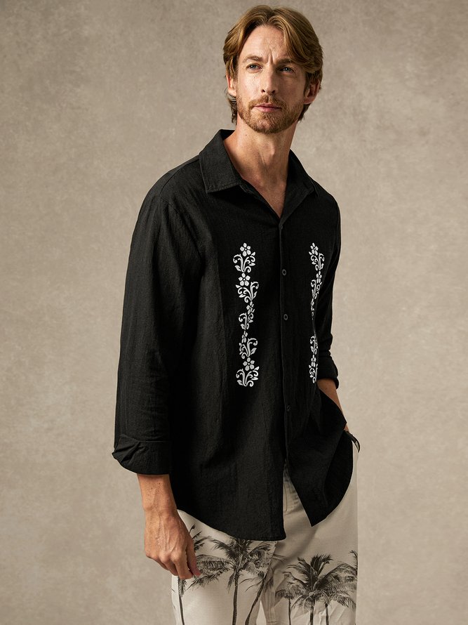 Side view of Men Casual Plants Spring/Fall Moisture Permeability Commuting Long Sleeve H-Line Regular Shirt Collar Aloha Shirts