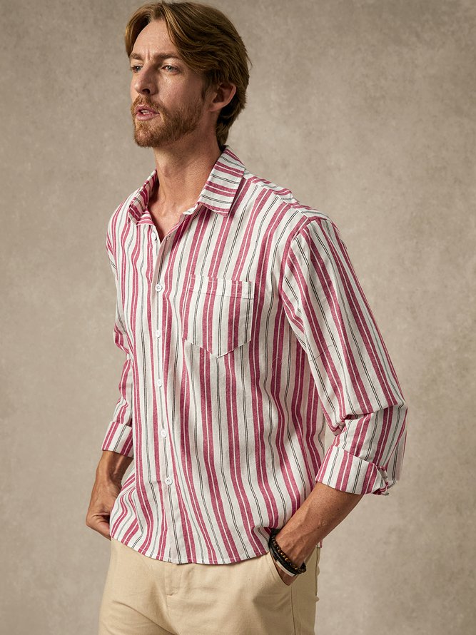 Side view of Men Geometric Casual Spring/Fall Natural No Elasticity Breathable Commuting Cotton Shirt Collar Aloha Shirts