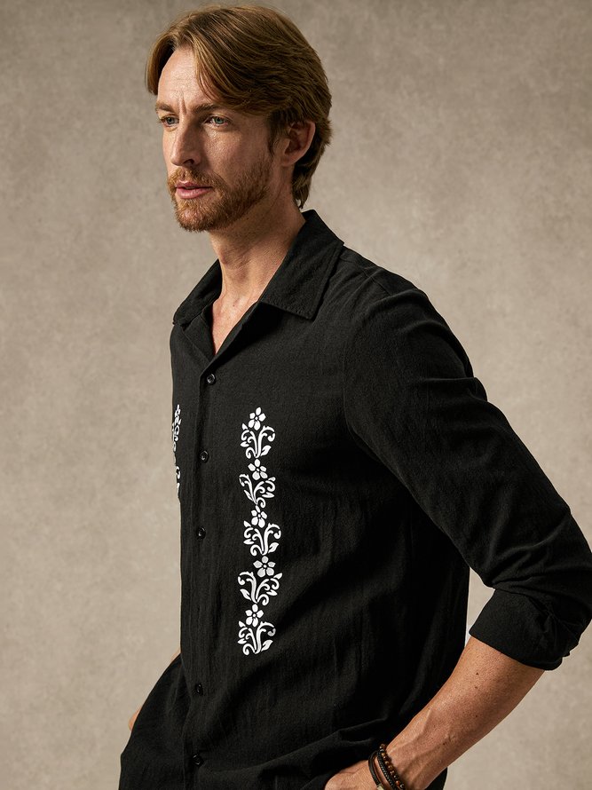 Side view of Men Casual Plants Spring/Fall Moisture Permeability Commuting Long Sleeve H-Line Regular Shirt Collar Aloha Shirts