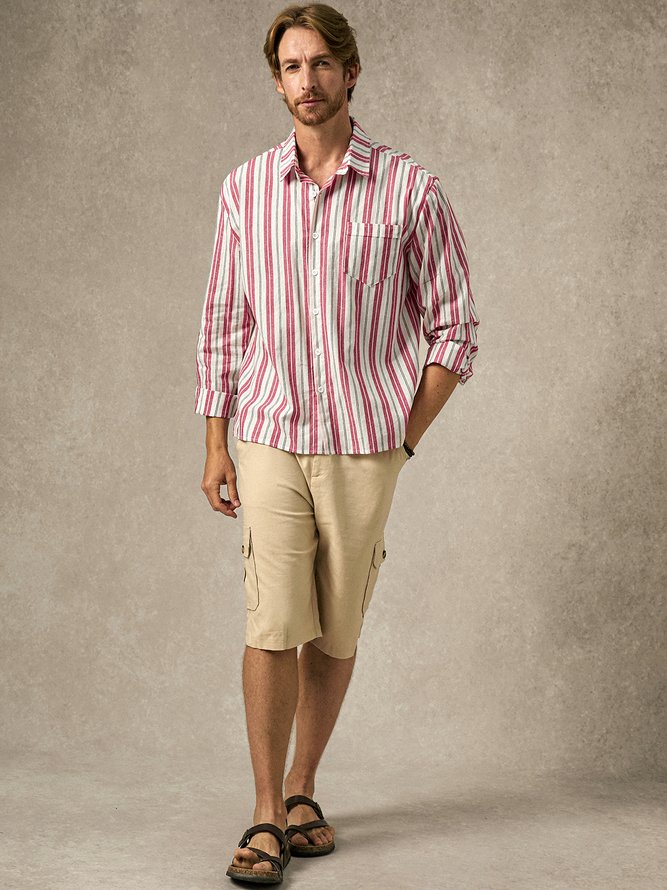 Side view of Men Geometric Casual Spring/Fall Natural No Elasticity Breathable Commuting Cotton Shirt Collar Aloha Shirts