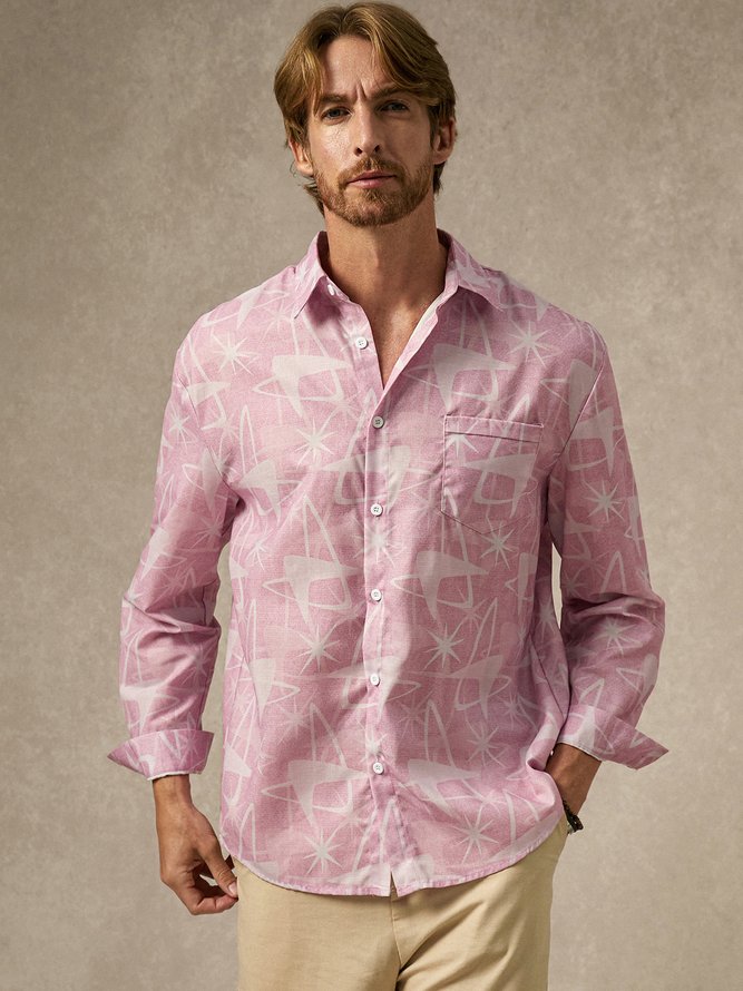 Side view of Men Abstract Casual Spring/Fall Polyester Natural No Elasticity Loose Long Sleeve Regular Aloha Shirts