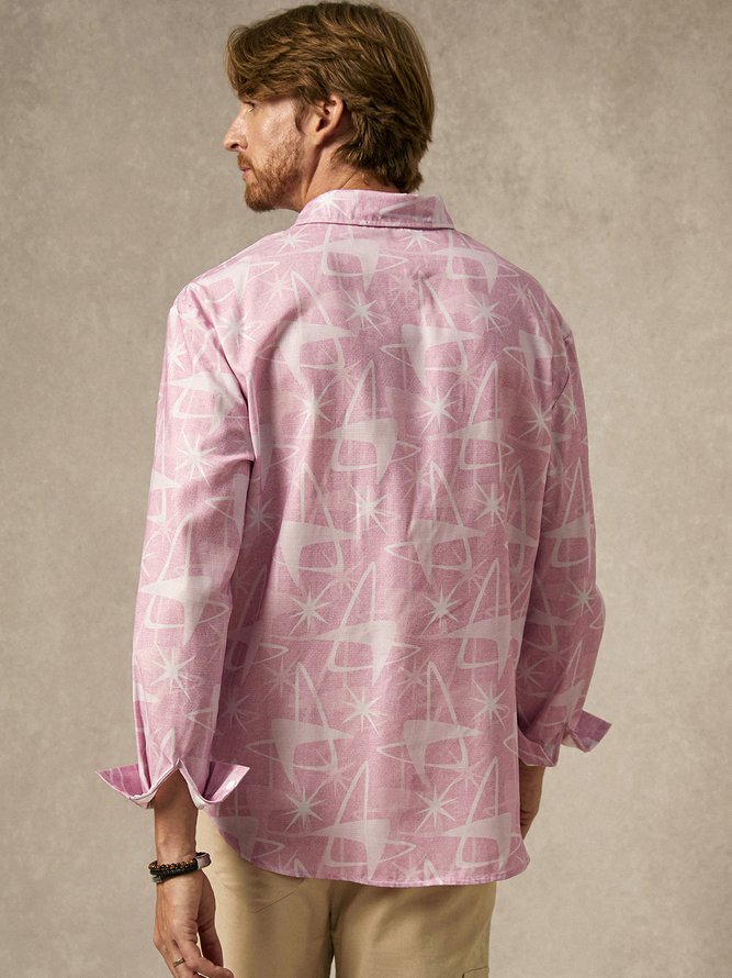 Side view of Men Abstract Casual Spring/Fall Polyester Natural No Elasticity Loose Long Sleeve Regular Aloha Shirts