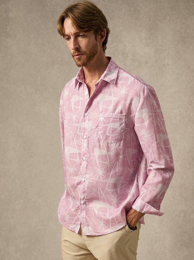 Side view of Men Abstract Casual Spring/Fall Polyester Natural No Elasticity Loose Long Sleeve Regular Aloha Shirts