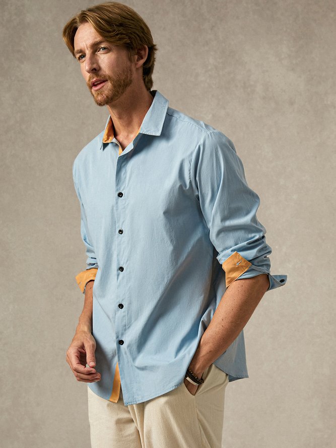 Side view of Men Casual Plain Spring/Fall Natural Commuting Long Sleeve Cotton H-Line Shirt Collar Aloha Shirts
