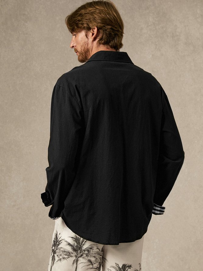 Side view of Men Casual Plain Spring/Fall Daily Long Sleeve Cotton Regular Regular Shirt Collar Aloha Shirts