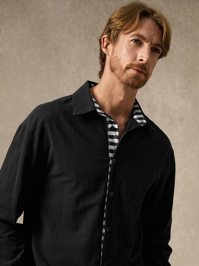 Side view of Men Casual Plain Spring/Fall Daily Long Sleeve Cotton Regular Regular Shirt Collar Aloha Shirts
