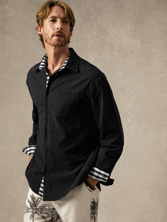 Side view of Men Casual Plain Spring/Fall Daily Long Sleeve Cotton Regular Regular Shirt Collar Aloha Shirts