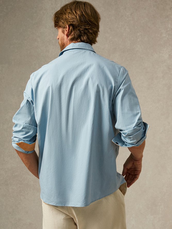 Side view of Men Casual Plain Spring/Fall Natural Commuting Long Sleeve Cotton H-Line Shirt Collar Aloha Shirts