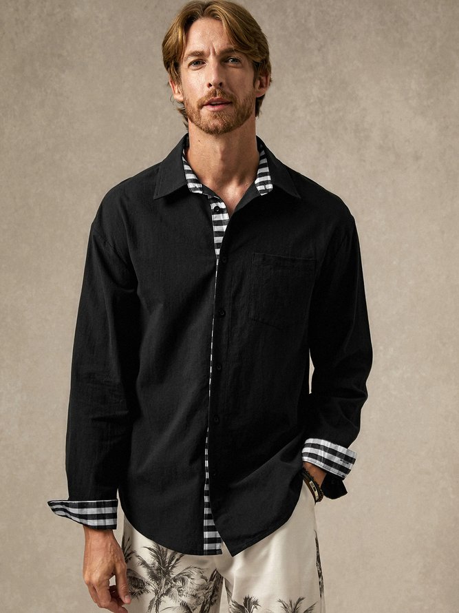 Side view of Men Casual Plain Spring/Fall Daily Long Sleeve Cotton Regular Regular Shirt Collar Aloha Shirts