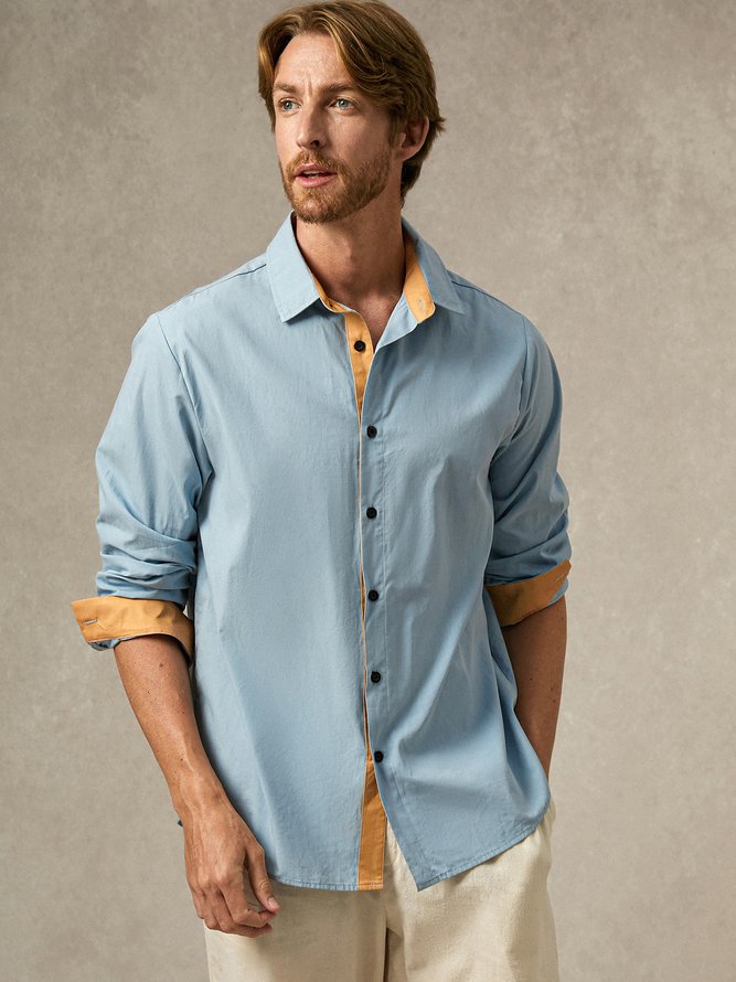Side view of Men Casual Plain Spring/Fall Natural Commuting Long Sleeve Cotton H-Line Shirt Collar Aloha Shirts